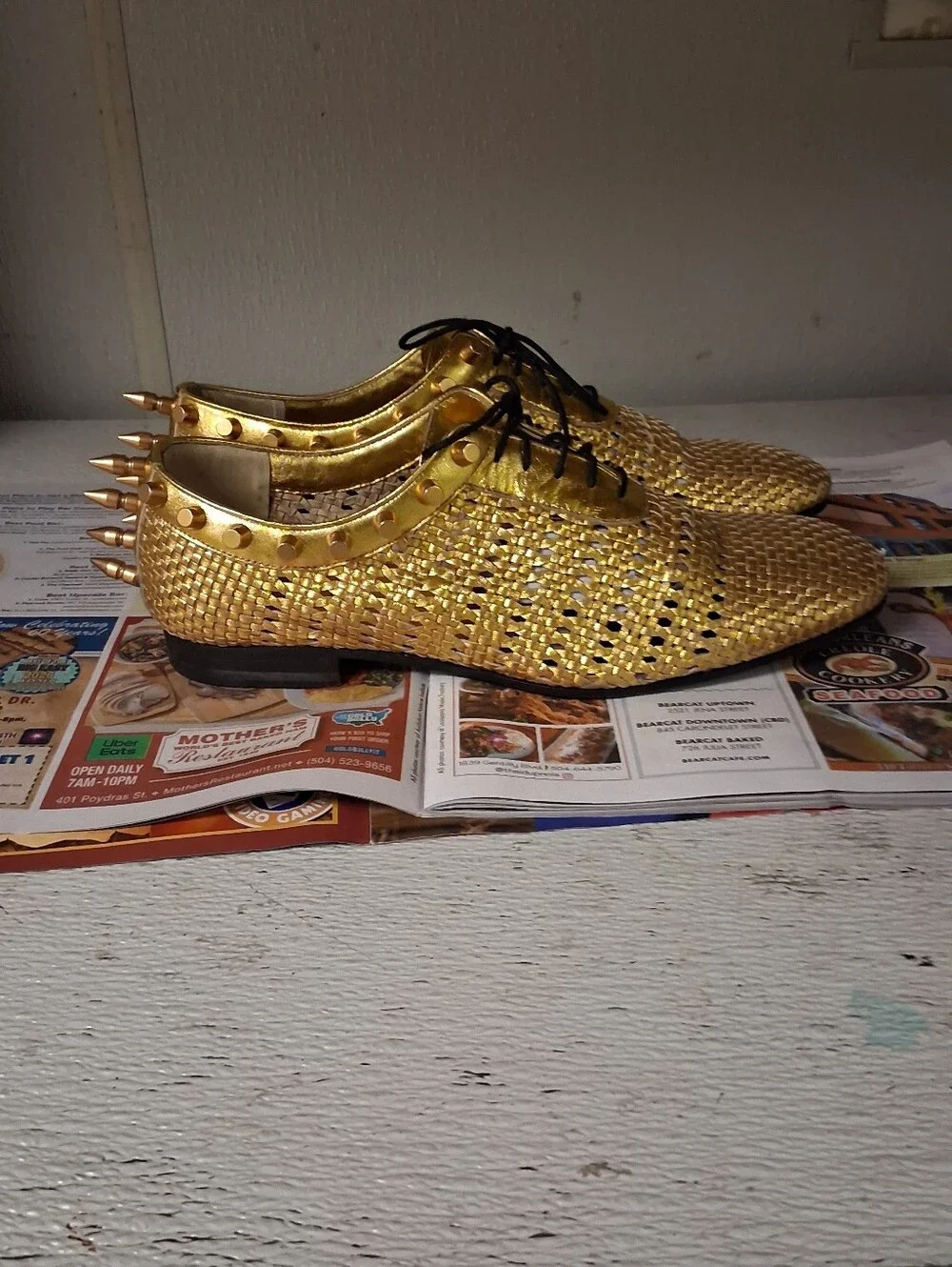 Gucci Gold Woven Men's Lace-Up Dress Shoes With Spikes